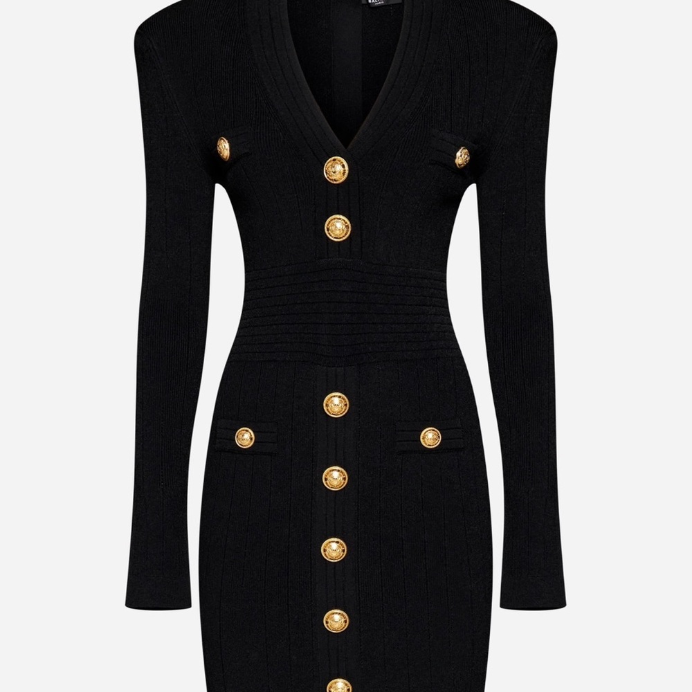 Balmain Inspired Black Gold Button Knit Dress (S)
